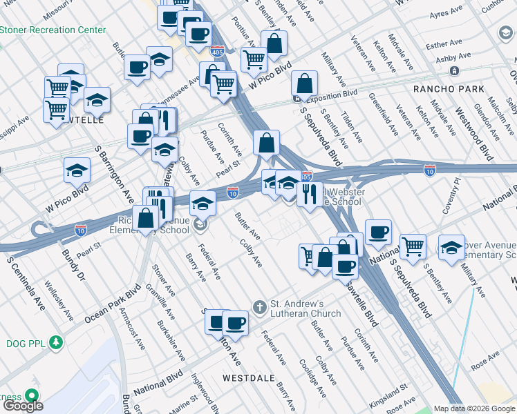 map of restaurants, bars, coffee shops, grocery stores, and more near 2606 Purdue Avenue in Los Angeles