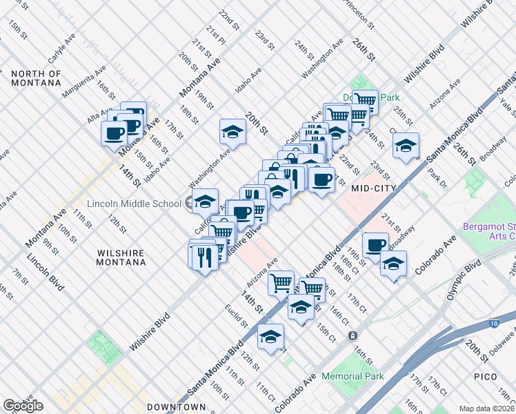 map of restaurants, bars, coffee shops, grocery stores, and more near 1122 18th Street in Santa Monica
