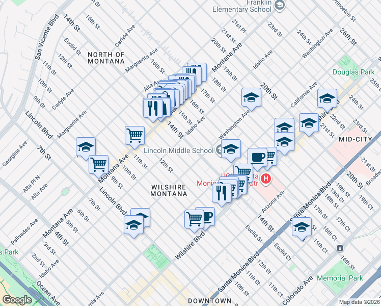 map of restaurants, bars, coffee shops, grocery stores, and more near 925 14th Street in Santa Monica