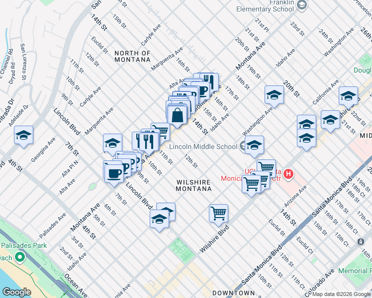 map of restaurants, bars, coffee shops, grocery stores, and more near 832 Euclid Street in Santa Monica