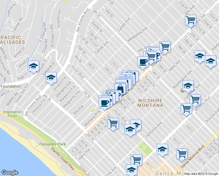 map of restaurants, bars, coffee shops, grocery stores, and more near 558 9th Court in Santa Monica