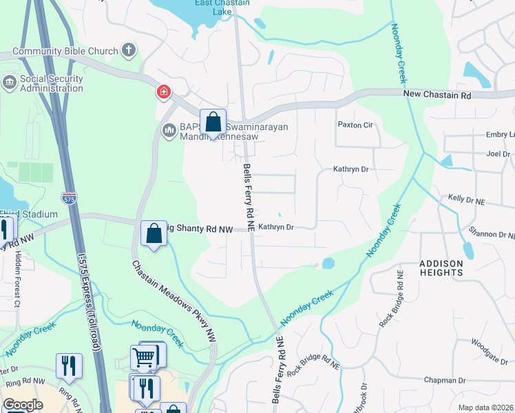 map of restaurants, bars, coffee shops, grocery stores, and more near 49 Christine Drive Northeast in Marietta