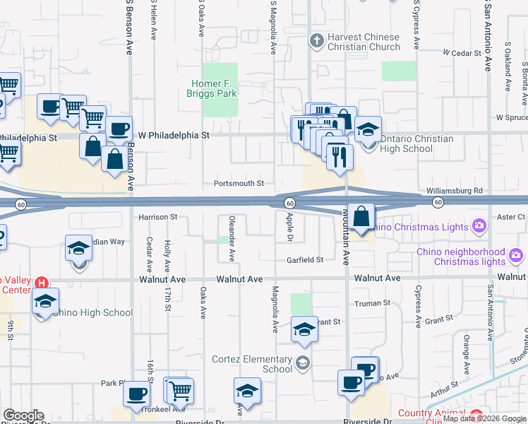map of restaurants, bars, coffee shops, grocery stores, and more near 12321 Gardenia Place in Chino