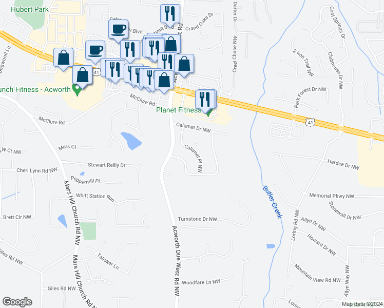 map of restaurants, bars, coffee shops, grocery stores, and more near 3133 Calumet Place Northwest in Kennesaw