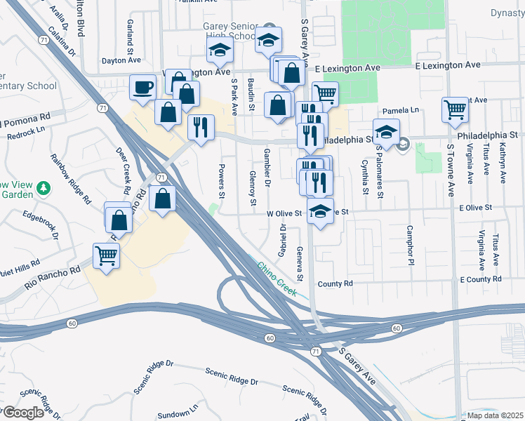 map of restaurants, bars, coffee shops, grocery stores, and more near 317 West Olive Street in Pomona