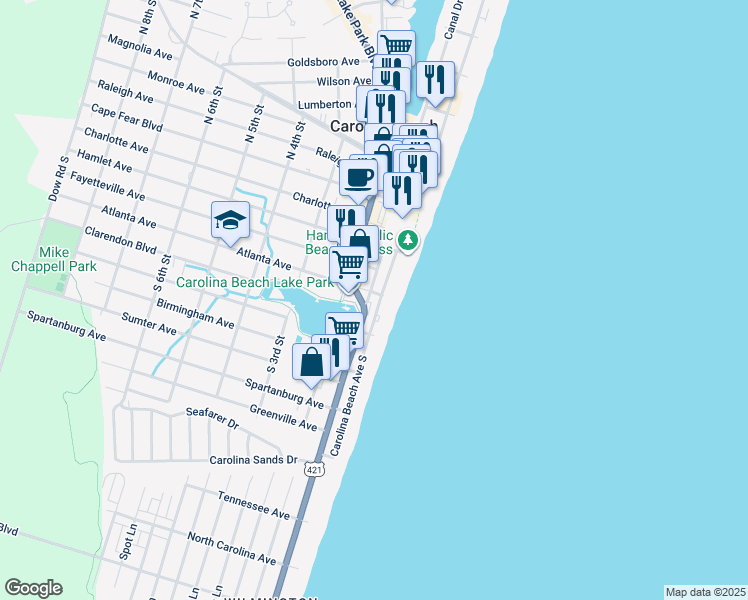 map of restaurants, bars, coffee shops, grocery stores, and more near 402 Carolina Beach Avenue South in Carolina Beach