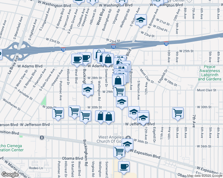 map of restaurants, bars, coffee shops, grocery stores, and more near 2847 South Victoria Avenue in Los Angeles