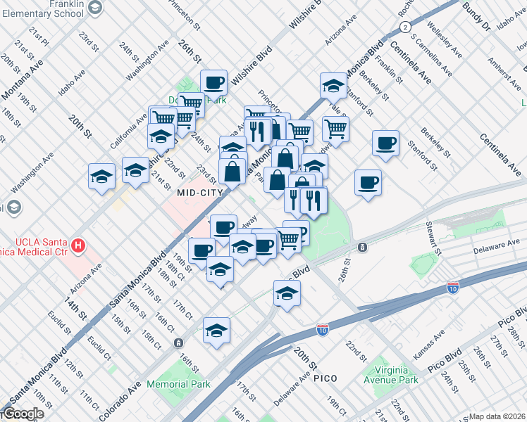 map of restaurants, bars, coffee shops, grocery stores, and more near 2400 Broadway in Santa Monica