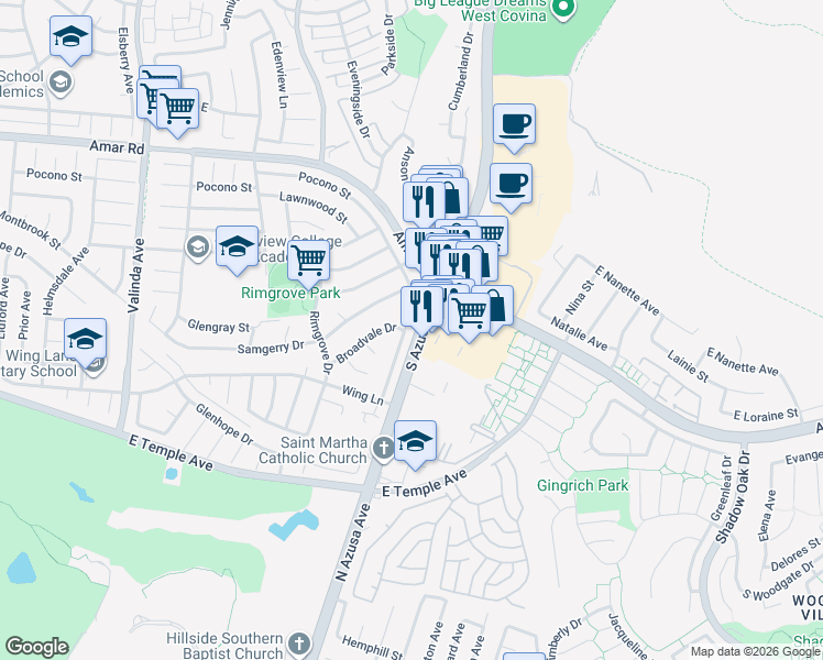map of restaurants, bars, coffee shops, grocery stores, and more near 17134 Sam Gerry Drive in La Puente