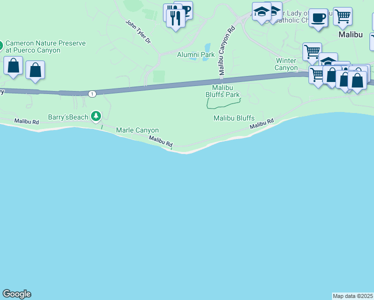 map of restaurants, bars, coffee shops, grocery stores, and more near 24380 Malibu Road in Malibu