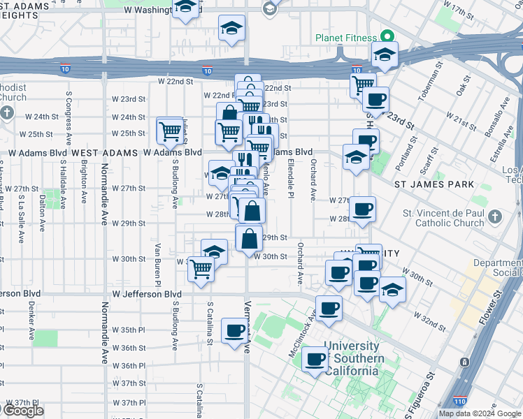 map of restaurants, bars, coffee shops, grocery stores, and more near 2717 Menlo Avenue in Los Angeles