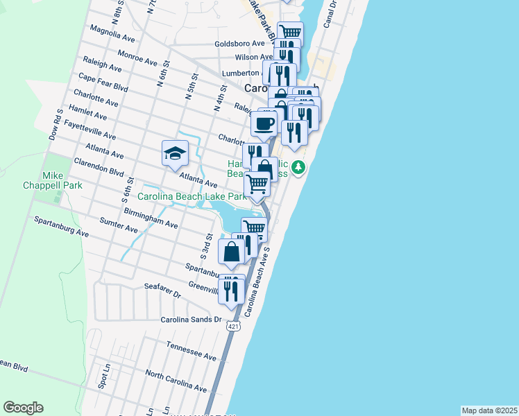 map of restaurants, bars, coffee shops, grocery stores, and more near 404 Lake Park Boulevard South in Carolina Beach