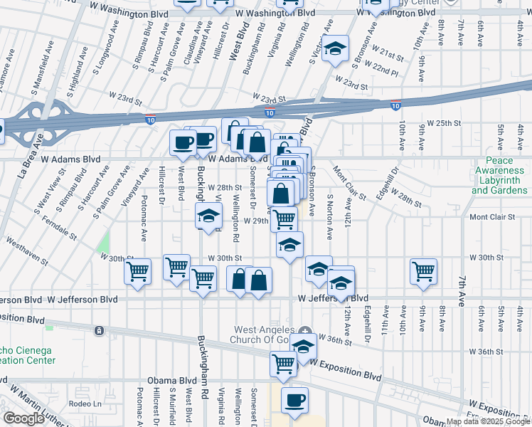 map of restaurants, bars, coffee shops, grocery stores, and more near 2847 South Victoria Avenue in Los Angeles