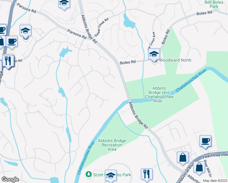 map of restaurants, bars, coffee shops, grocery stores, and more near 515 Butler National Drive in Duluth