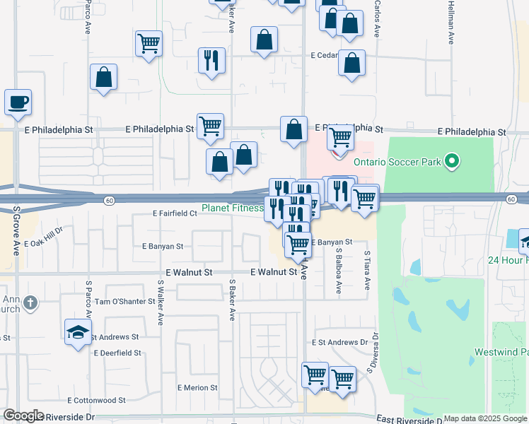 map of restaurants, bars, coffee shops, grocery stores, and more near 1749 East Fairfield Court in Ontario