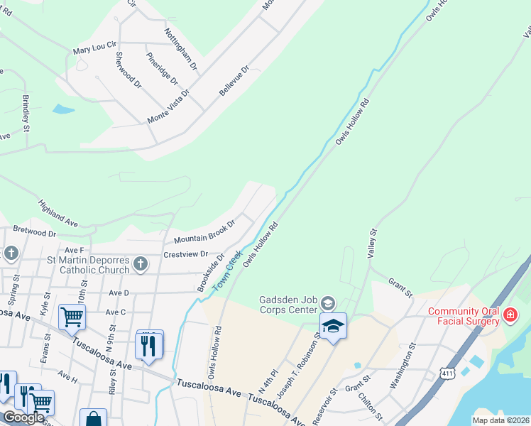 map of restaurants, bars, coffee shops, grocery stores, and more near 1207 Mountain Brook Drive in Gadsden