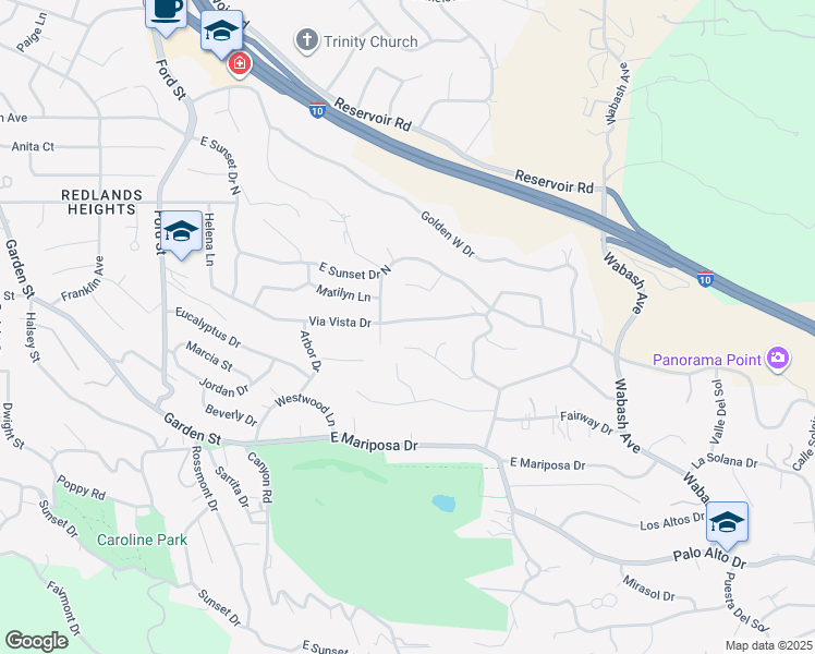 map of restaurants, bars, coffee shops, grocery stores, and more near 608 Via Vista Drive in Redlands