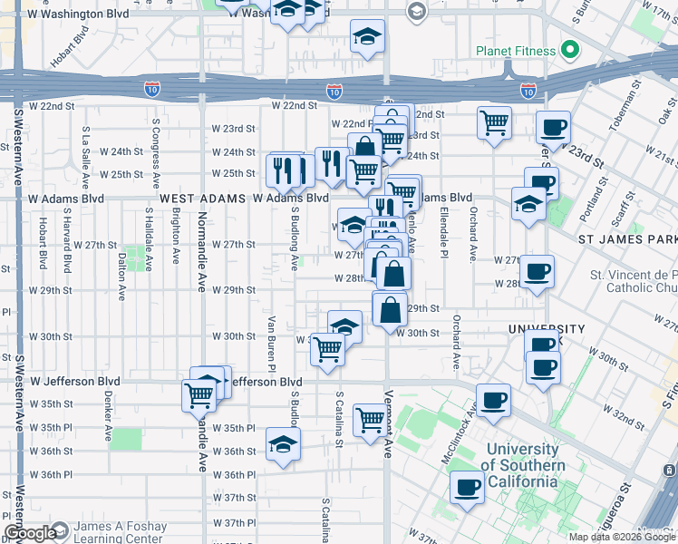 map of restaurants, bars, coffee shops, grocery stores, and more near 1494 1/2 West 27th Street in Los Angeles