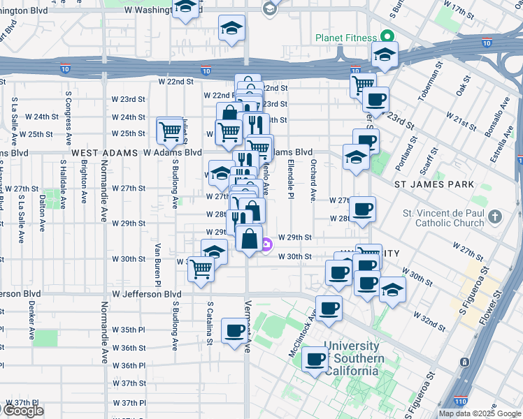 map of restaurants, bars, coffee shops, grocery stores, and more near 2717 Menlo Avenue in Los Angeles