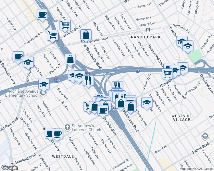 map of restaurants, bars, coffee shops, grocery stores, and more near 11209 West Sardis Avenue in Los Angeles