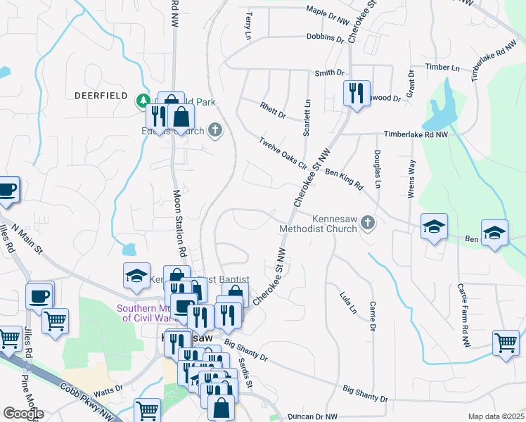 map of restaurants, bars, coffee shops, grocery stores, and more near 3221 Shirley Drive in Kennesaw