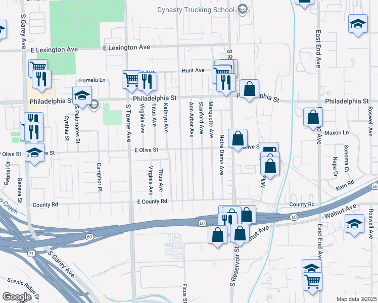 map of restaurants, bars, coffee shops, grocery stores, and more near 2309 Ann Arbor Avenue in Pomona