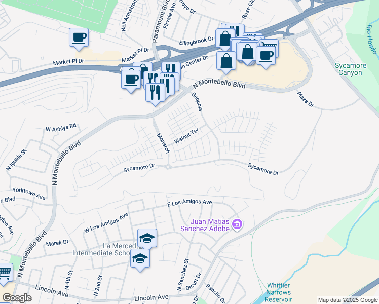 map of restaurants, bars, coffee shops, grocery stores, and more near 615 Sage Way in Montebello