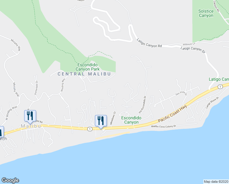 map of restaurants, bars, coffee shops, grocery stores, and more near 6380 Meadows Court in Malibu