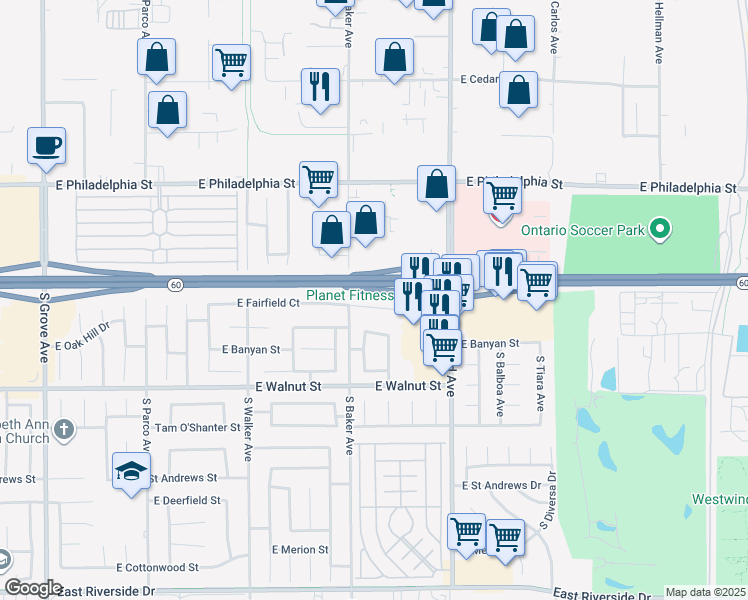 map of restaurants, bars, coffee shops, grocery stores, and more near 1725 East Fairfield Court in Ontario