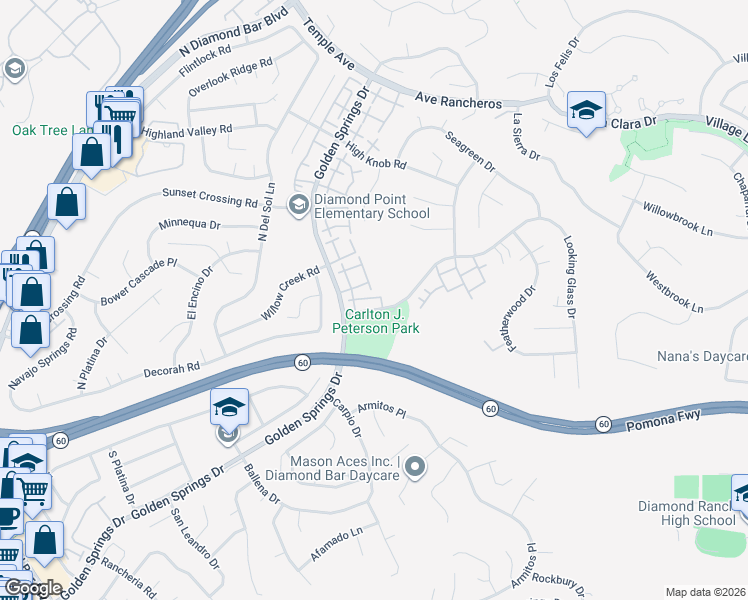 map of restaurants, bars, coffee shops, grocery stores, and more near 24119 Sylvan Glen Road in Diamond Bar