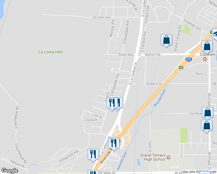 map of restaurants, bars, coffee shops, grocery stores, and more near 240 Cisneros Court in Colton