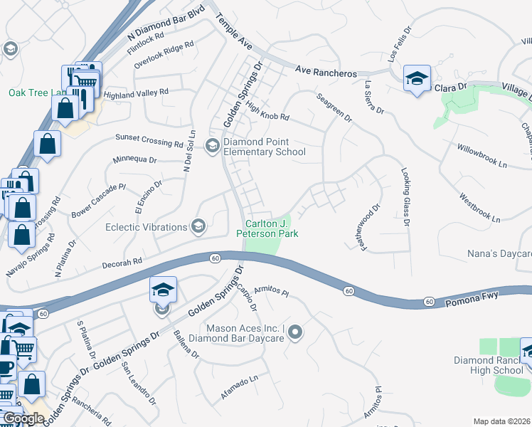 map of restaurants, bars, coffee shops, grocery stores, and more near 430 Golden Springs Drive in Diamond Bar