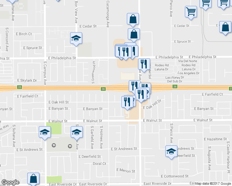 map of restaurants, bars, coffee shops, grocery stores, and more near 2419 South Raymond Place in Ontario