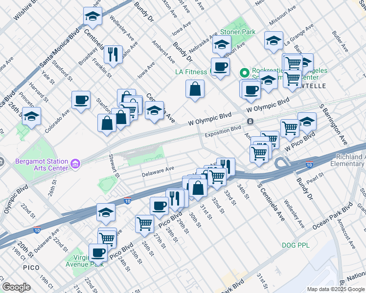 map of restaurants, bars, coffee shops, grocery stores, and more near 3254 Olympic Boulevard in Santa Monica