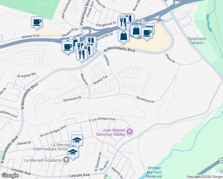 map of restaurants, bars, coffee shops, grocery stores, and more near 138 Verbena Way in Montebello