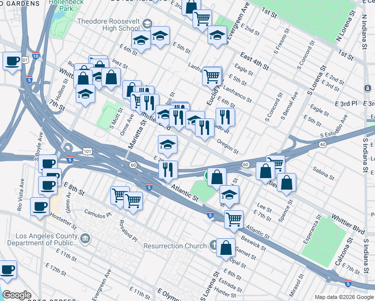 map of restaurants, bars, coffee shops, grocery stores, and more near in Los Angeles