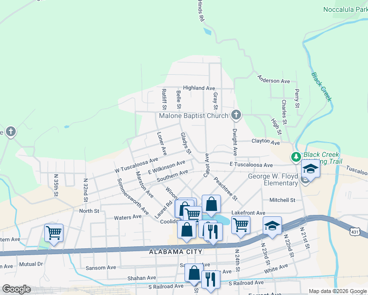 map of restaurants, bars, coffee shops, grocery stores, and more near 6 Edgemont Avenue in Gadsden