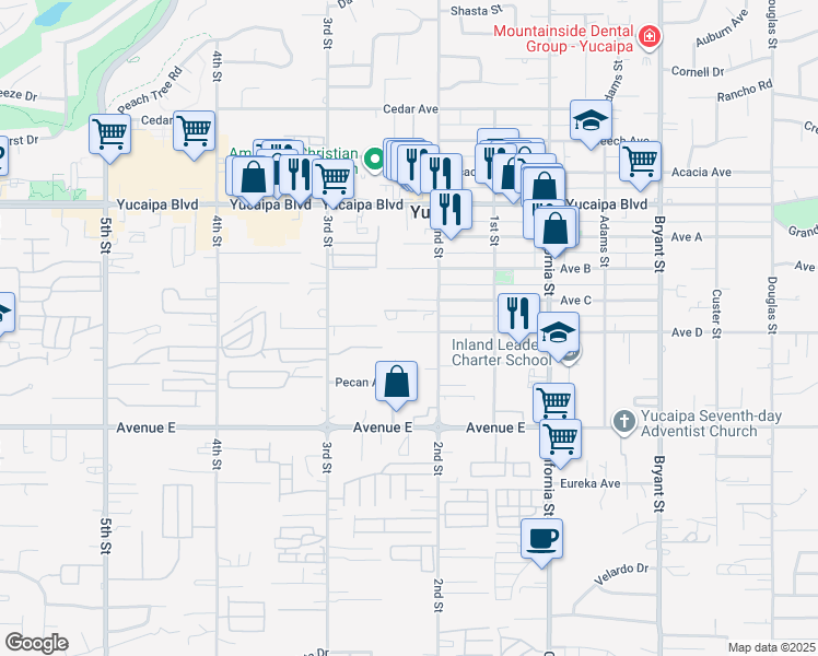 map of restaurants, bars, coffee shops, grocery stores, and more near 34850 Avenue D in Yucaipa