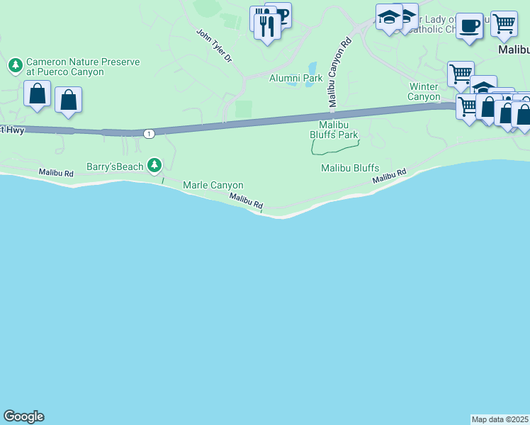 map of restaurants, bars, coffee shops, grocery stores, and more near 24434 Malibu Road in Malibu