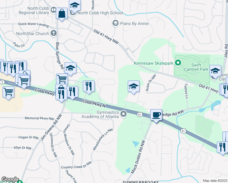map of restaurants, bars, coffee shops, grocery stores, and more near 3246 Odeon Way in Kennesaw