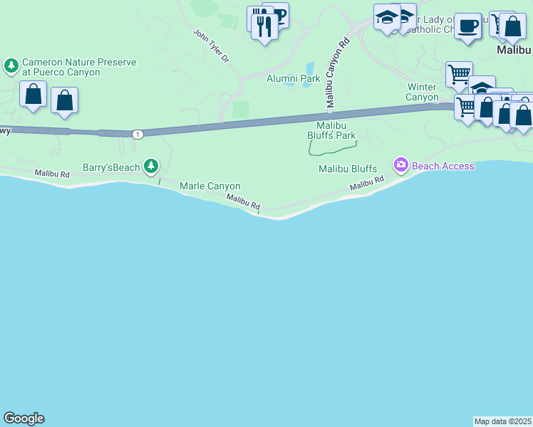 map of restaurants, bars, coffee shops, grocery stores, and more near 24420 Malibu Road in Malibu