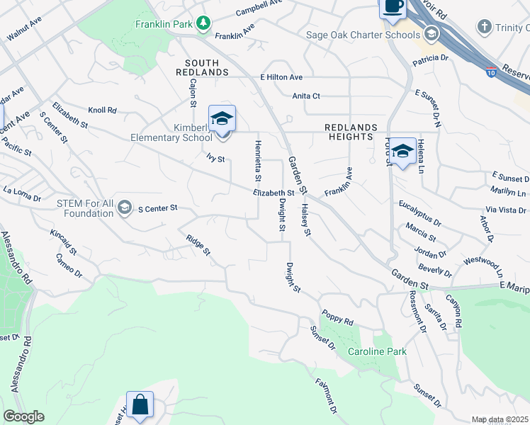 map of restaurants, bars, coffee shops, grocery stores, and more near 1616 Elizabeth Street in Redlands