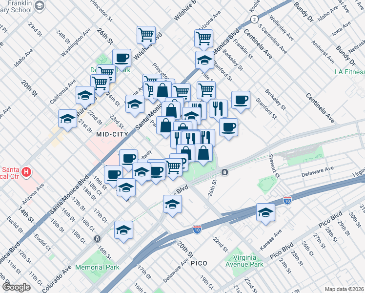 map of restaurants, bars, coffee shops, grocery stores, and more near 2501 Colorado Avenue in Santa Monica