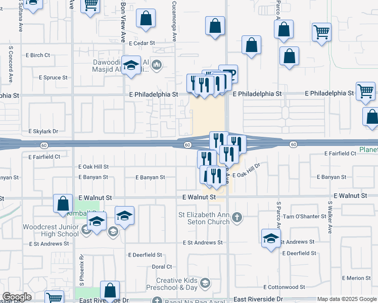 map of restaurants, bars, coffee shops, grocery stores, and more near 2419 South Raymond Place in Ontario