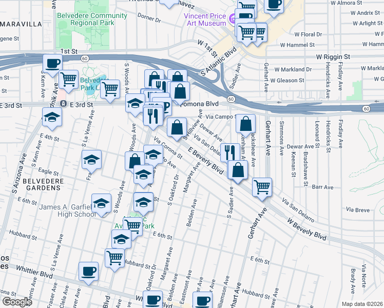 map of restaurants, bars, coffee shops, grocery stores, and more near 5332 East Beverly Boulevard in Los Angeles