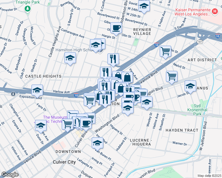 map of restaurants, bars, coffee shops, grocery stores, and more near 8966 National Boulevard in Los Angeles
