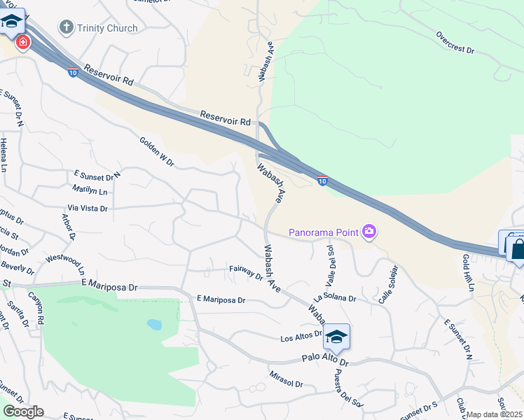 map of restaurants, bars, coffee shops, grocery stores, and more near 0 East Sunset Drive South in Redlands