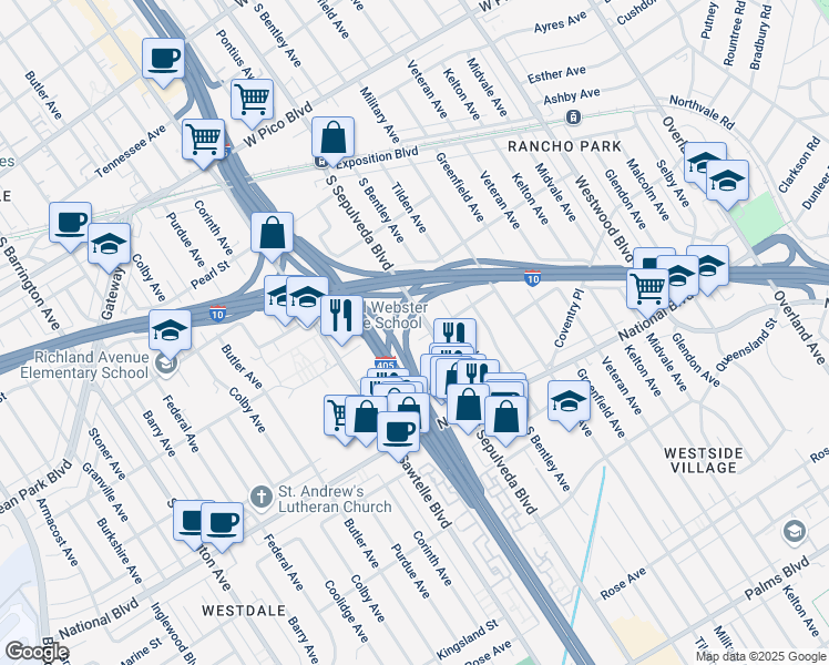 map of restaurants, bars, coffee shops, grocery stores, and more near 11209 West Sardis Avenue in Los Angeles