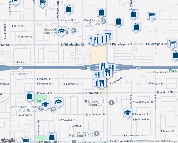 map of restaurants, bars, coffee shops, grocery stores, and more near 2419 South Raymond Place in Ontario