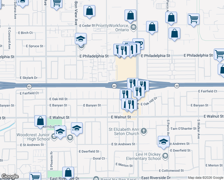 map of restaurants, bars, coffee shops, grocery stores, and more near 2419 South Raymond Place in Ontario